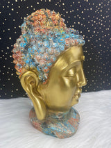 Hand Painted Meditation Buddha Head Statue, 10" Large Unique Altar Shrine Watercolor Gold Finish Good Luck Birthday Housewarming Gift