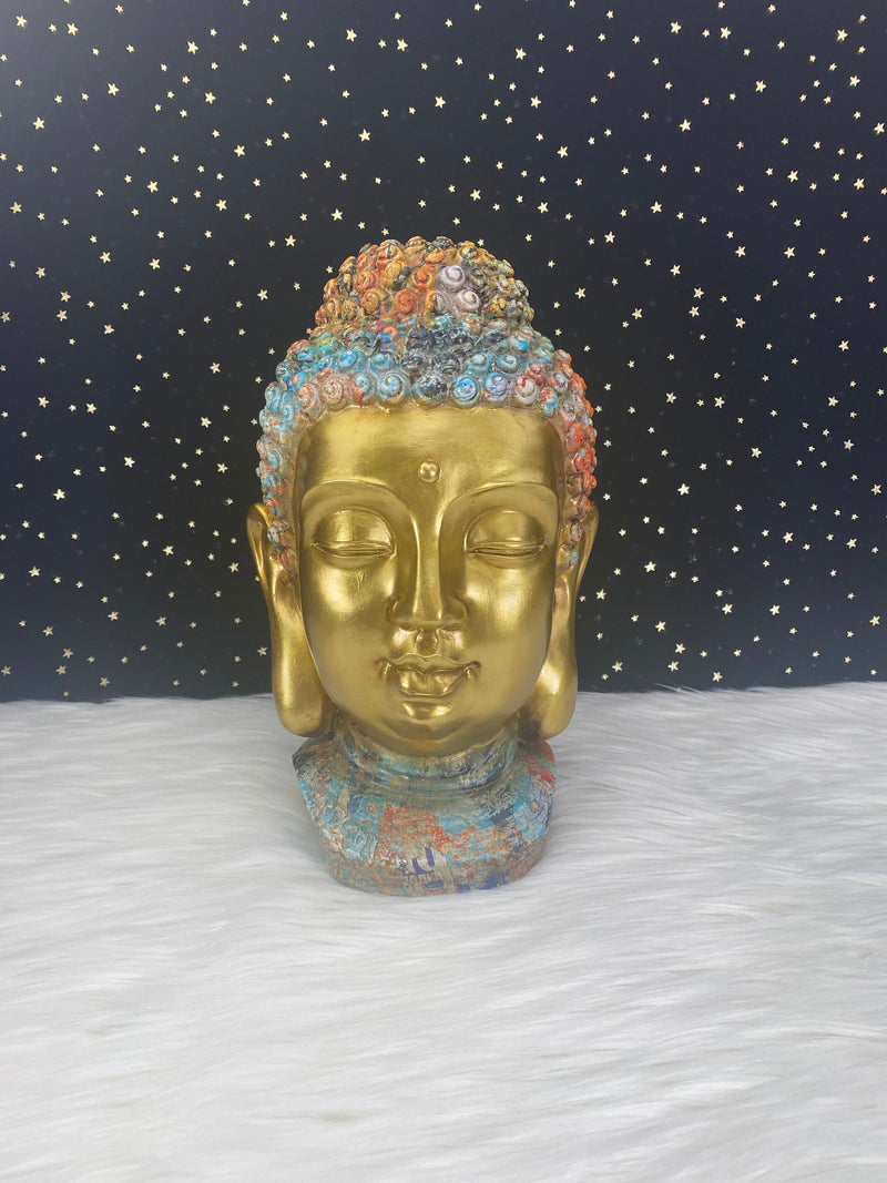 Hand Painted Meditation Buddha Head Statue, 10" Large Unique Altar Shrine Watercolor Gold Finish Good Luck Birthday Housewarming Gift