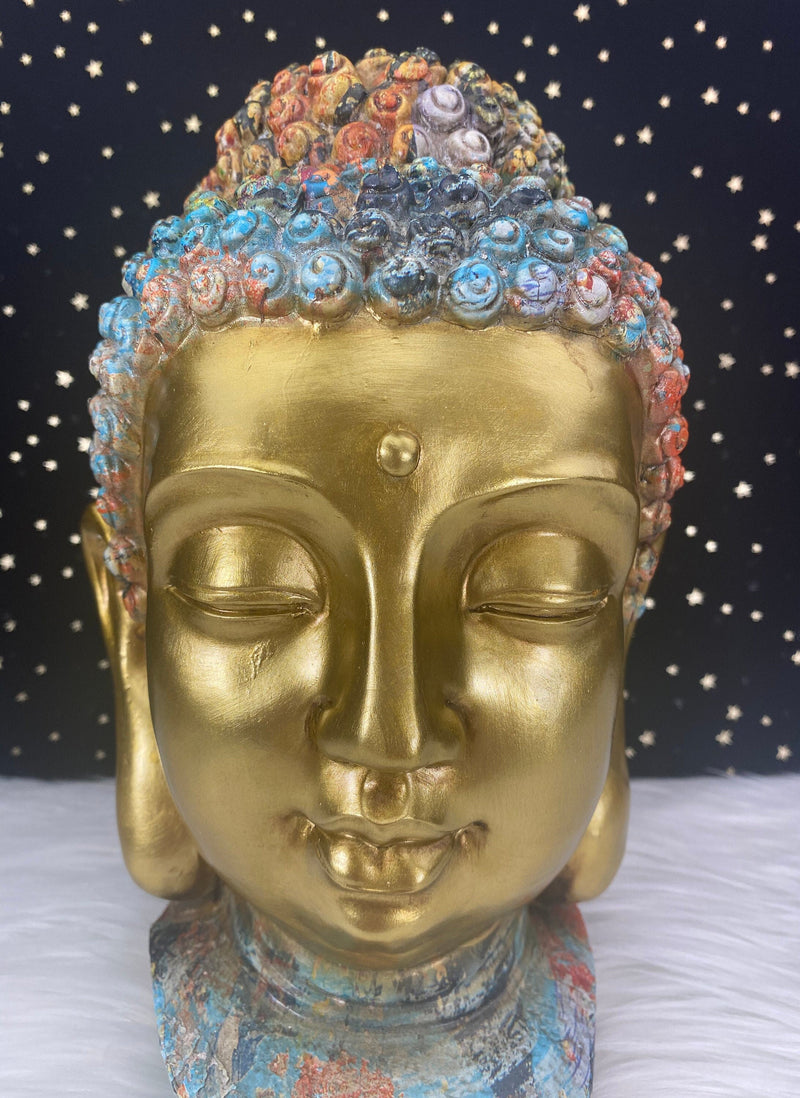 Hand Painted Meditation Buddha Head Statue, 10" Large Unique Altar Shrine Watercolor Gold Finish Good Luck Birthday Housewarming Gift