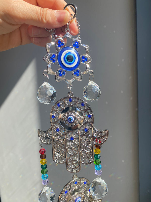 Large Evil Eye Blue Hamsa Chakra Crystal Suncatcher Prism Ball Wall Hanging Rainbow Maker Window Nursery Bridesmaid Gift