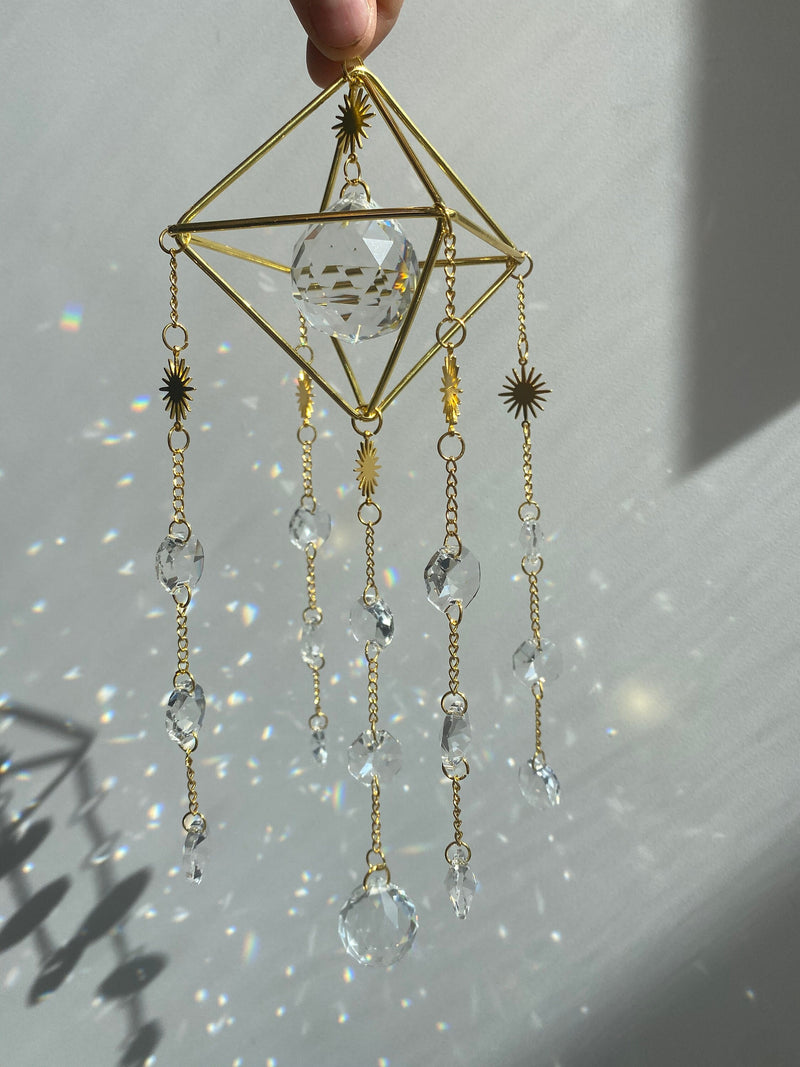 Large Gold Geometric Modern Suncatcher, Unique Celestial Clear Prism Ball Wall Hanging Zen Decor Protection Gift for Her