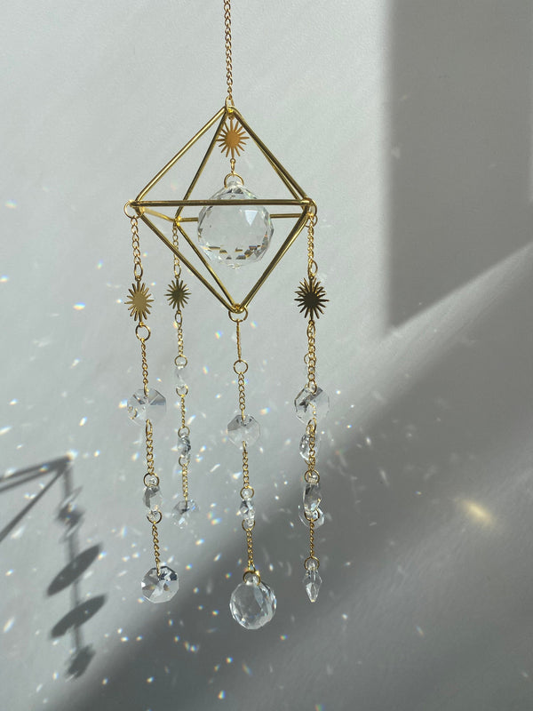 Large Gold Geometric Modern Suncatcher, Unique Celestial Clear Prism Ball Wall Hanging Zen Decor Protection Gift for Her