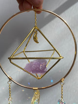 Large Amethyst Geometric Suncatcher Gold Modern Purple Crystal Clear Prism Circle Moon Celestial Hanging Zen Decor Good Luck Gift