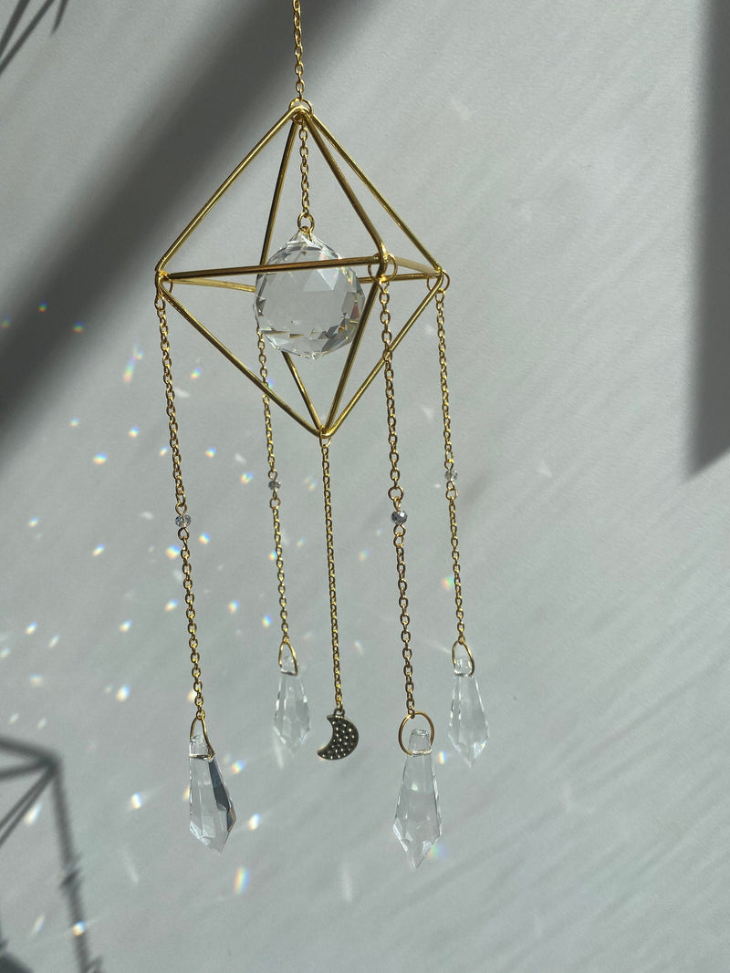 Large Geometric Crescent Moon Suncatcher Gold Modern Clear Crystal Prism Celestial Hanging Zen Decor Good Luck Gift