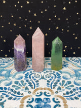 2.1-3.5" Rose Quartz, Green Flourite & Amethyst Obelisk Tower Points, Beginner Crystal Lot Set of 3 Crystals Birthday Christmas Gift