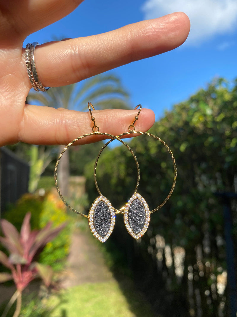 Spelled Druzy Gold Hoop Earrings w GIFT BAG Drusy Crystal Quartz Unique Statement Jewelry, Gold Purple Green Multi-Color Black Silver
