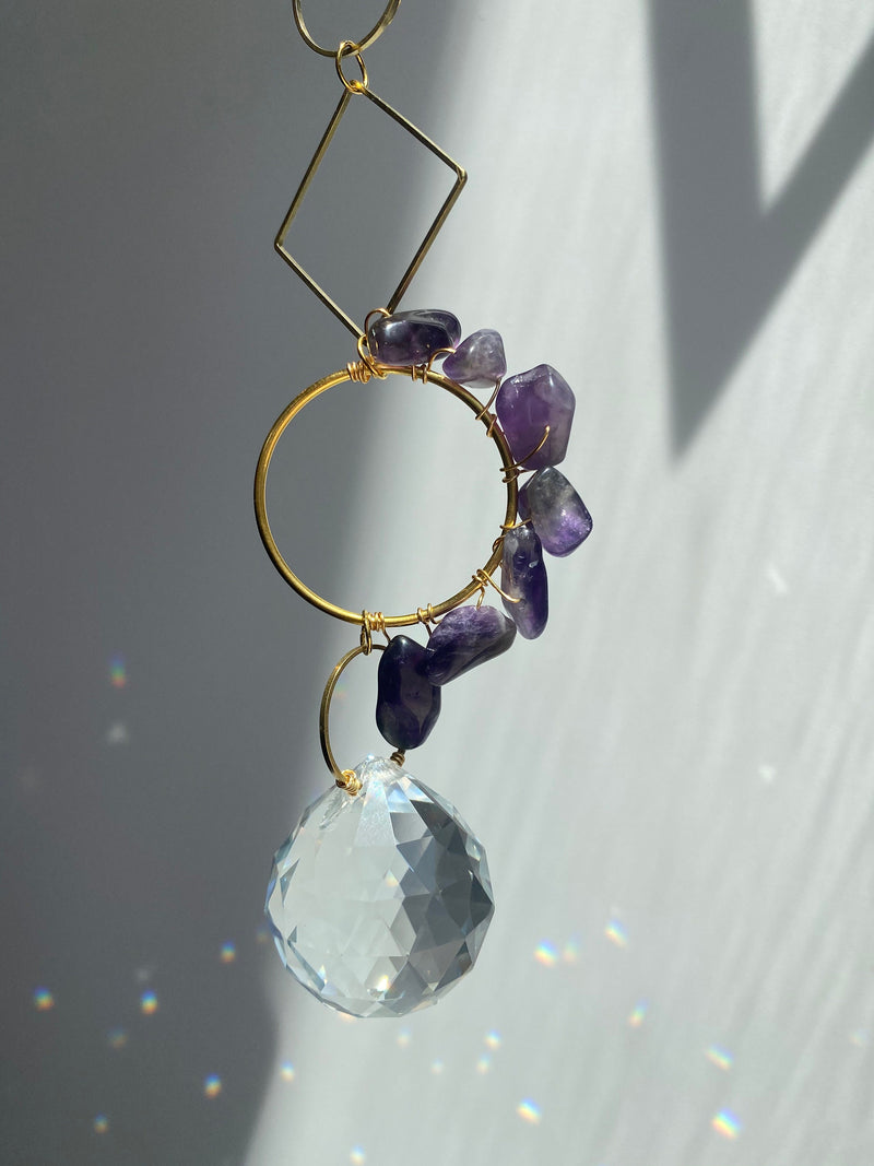 Amethyst Geometric Suncatcher - Dainty Gold Modern Purple Crystal Circle Diamond Celestial Hanging Zen Decor Lucky Good Luck Gift