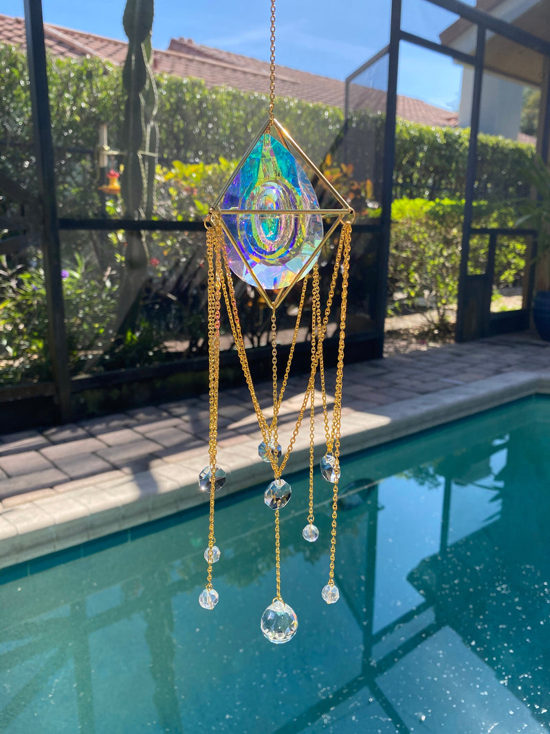 Large 76mm Prism Gold Geometric Modern Suncatcher, Celestial Clear Prism Balls Wall Hanging Zen Decor Protection Gift for Her