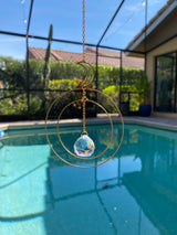 Large Geometric Crescent Moon Double Circle Suncatcher Gold Modern Clear Crystal Prism Celestial Hanging Zen Decor Good Luck Gift