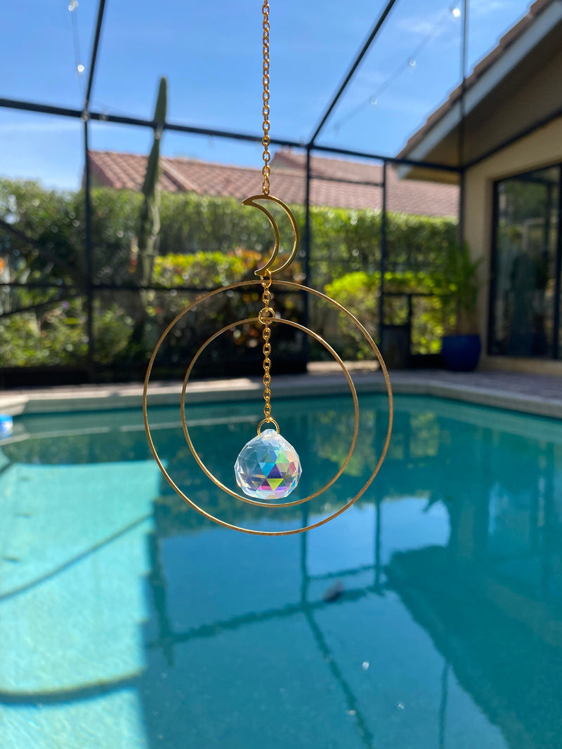 Large Geometric Crescent Moon Double Circle Suncatcher Gold Modern Clear Crystal Prism Celestial Hanging Zen Decor Good Luck Gift