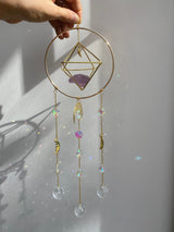 Large Amethyst Geometric Suncatcher Gold Modern Purple Crystal Clear Prism Circle Moon Celestial Hanging Zen Decor Good Luck Gift