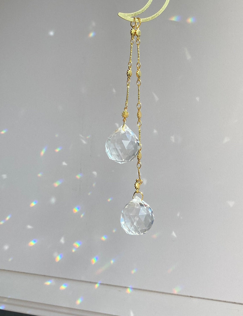 Crystal Crescent Moon Stars Gold Geometric Modern Suncatcher Rainbow Maker Wall Hanging Zen Celestial Good Luck Decor Gift for Her