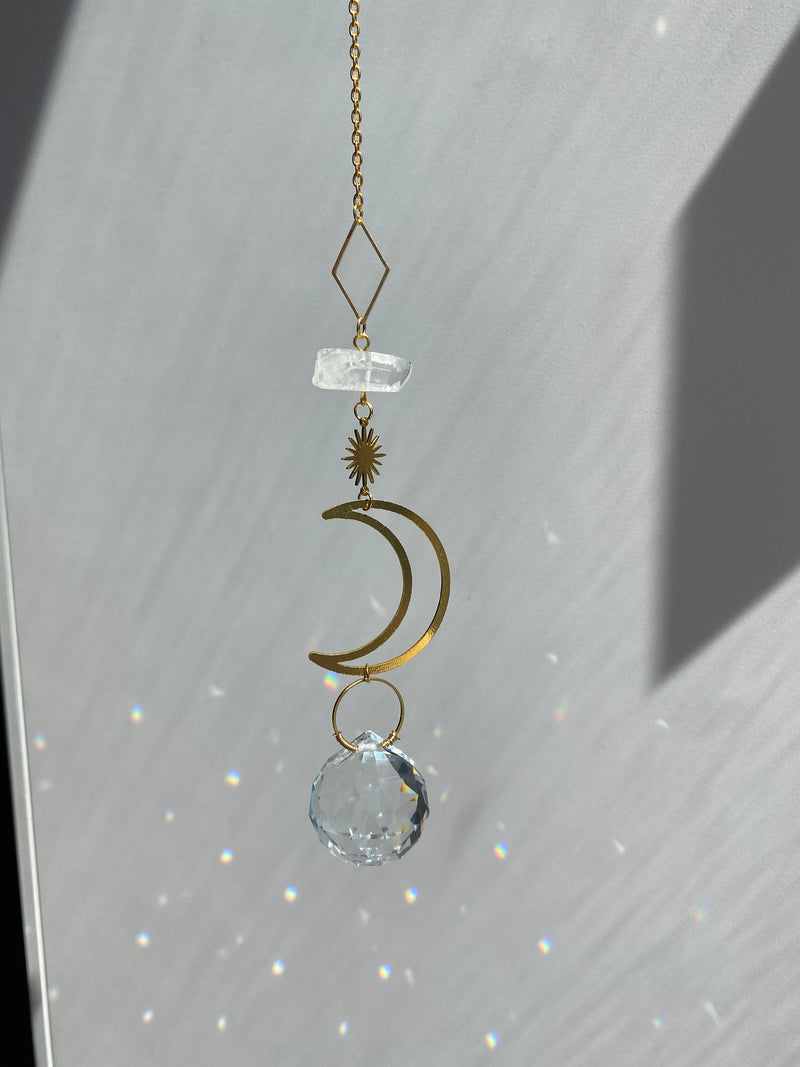 Clear Quartz Swarovski Crystal Crescent Moon Star Gold Geometric Modern Suncatcher Rainbow Maker Light Catcher Hanging Good Luck for Her