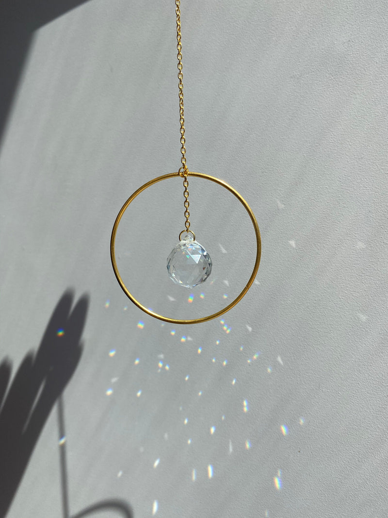 Gold Circle Geometric Suncatcher with Clear Crystal Prism Ball Modern Hoop Rainbow Maker Light Catcher Hanging Good Luck Gift