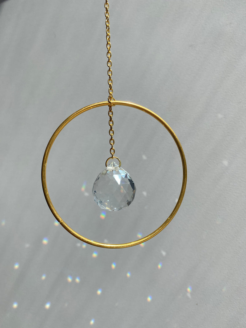 Gold Circle Geometric Suncatcher with Clear Crystal Prism Ball Modern Hoop Rainbow Maker Light Catcher Hanging Good Luck Gift