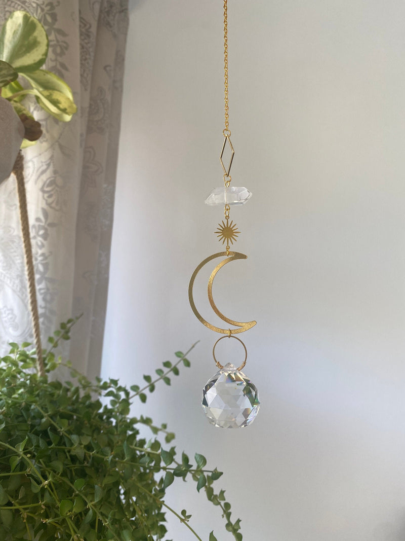 Clear Quartz Swarovski Crystal Crescent Moon Star Gold Geometric Modern Suncatcher Rainbow Maker Light Catcher Hanging Good Luck for Her