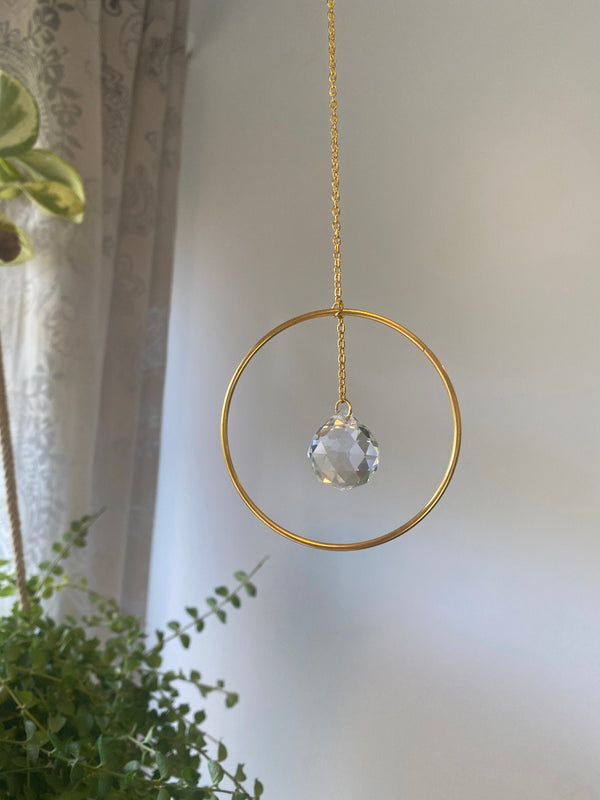 Gold Circle Geometric Suncatcher with Clear Crystal Prism Ball Modern Hoop Rainbow Maker Light Catcher Hanging Good Luck Gift