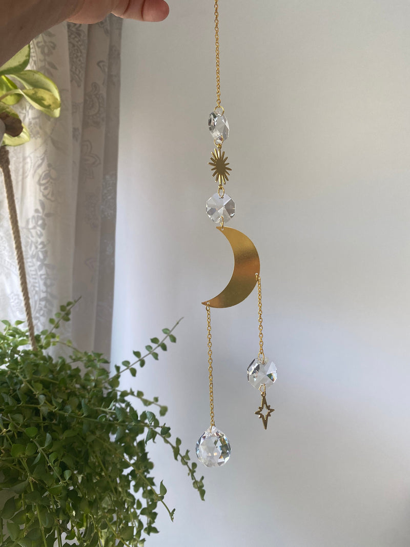 Gold Crescent Moon Star Sun Geometric Suncatcher Crystal Prism Ball Modern Hoop Rainbow Maker Light Catcher Hanging Good Luck Gift