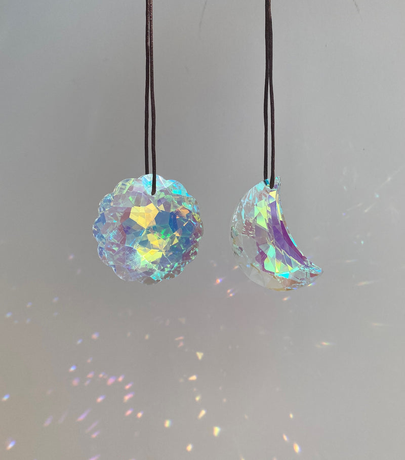 Crescent Moon & Sun Prism Suncatcher Set Rear View Mirror Car Charm AB Mandala Crystal Decor Rainbow Maker Window Hangings Housewarming Gift