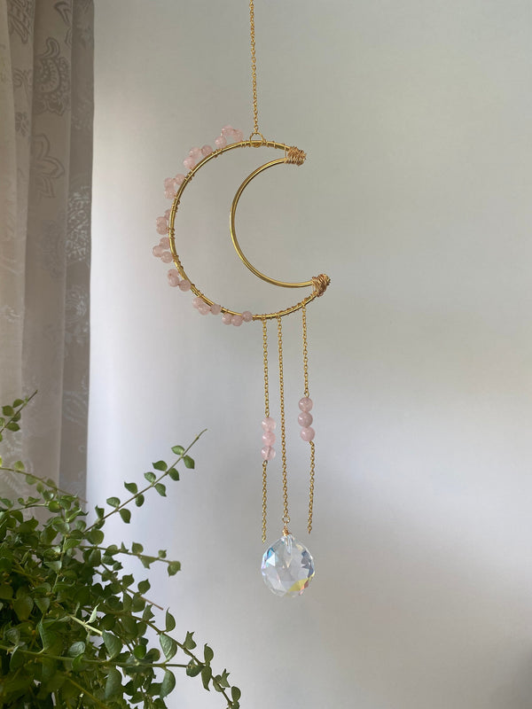 Large Rose Quartz Pink Bead Suncatcher Gold Modern Crescent Moon AB Crystal Prism Ball Celestial Hanging Zen Decor Good Luck Gift