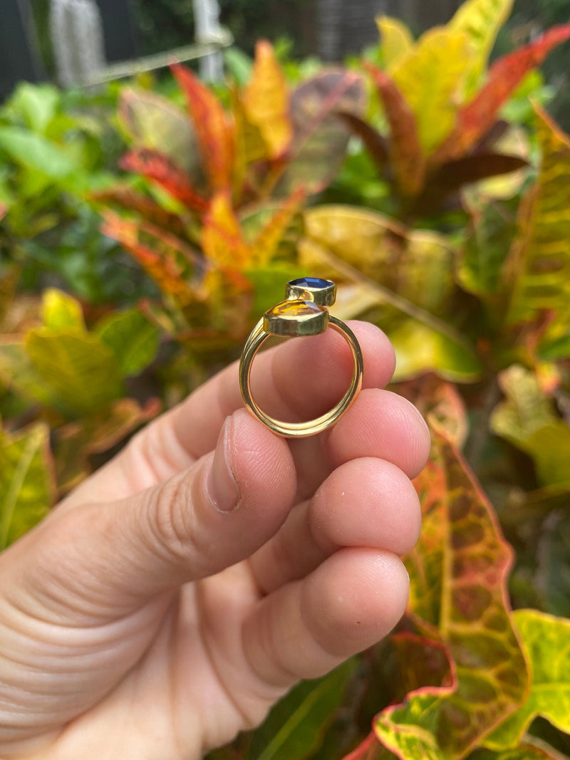 Colorful Round Pear Drop Orange Citrine & Blue Lolite Quartz Gold Plated Adjustable Double Stack Ring Dainty Modern Jewelry Best Friend Gift