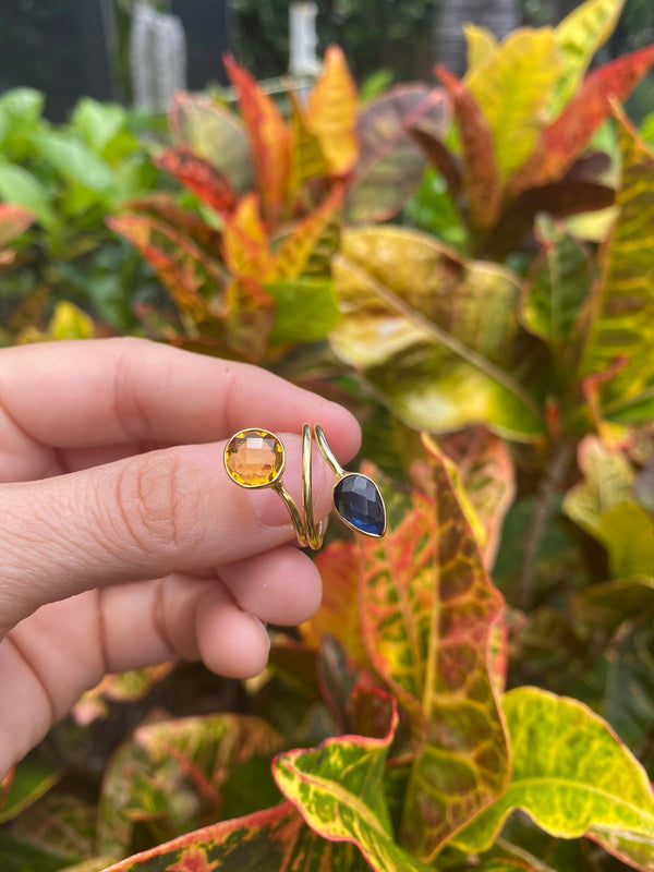 Colorful Round Pear Drop Orange Citrine & Blue Lolite Quartz Gold Plated Adjustable Double Stack Ring Dainty Modern Jewelry Best Friend Gift