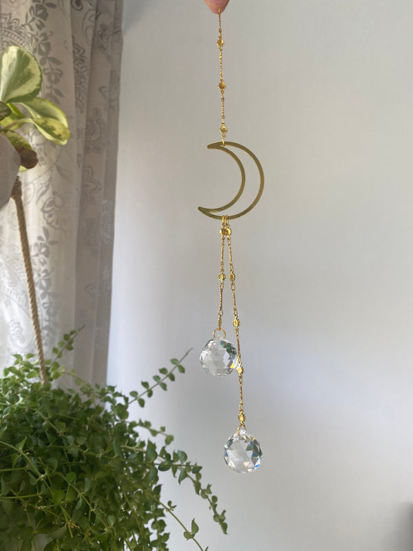 Crystal Crescent Moon Stars Gold Geometric Modern Suncatcher Rainbow Maker Wall Hanging Zen Celestial Good Luck Decor Gift for Her