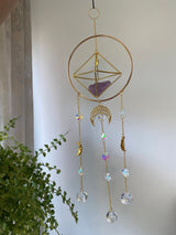 Large Amethyst Geometric Suncatcher Gold Modern Purple Crystal Clear Prism Circle Moon Celestial Hanging Zen Decor Good Luck Gift