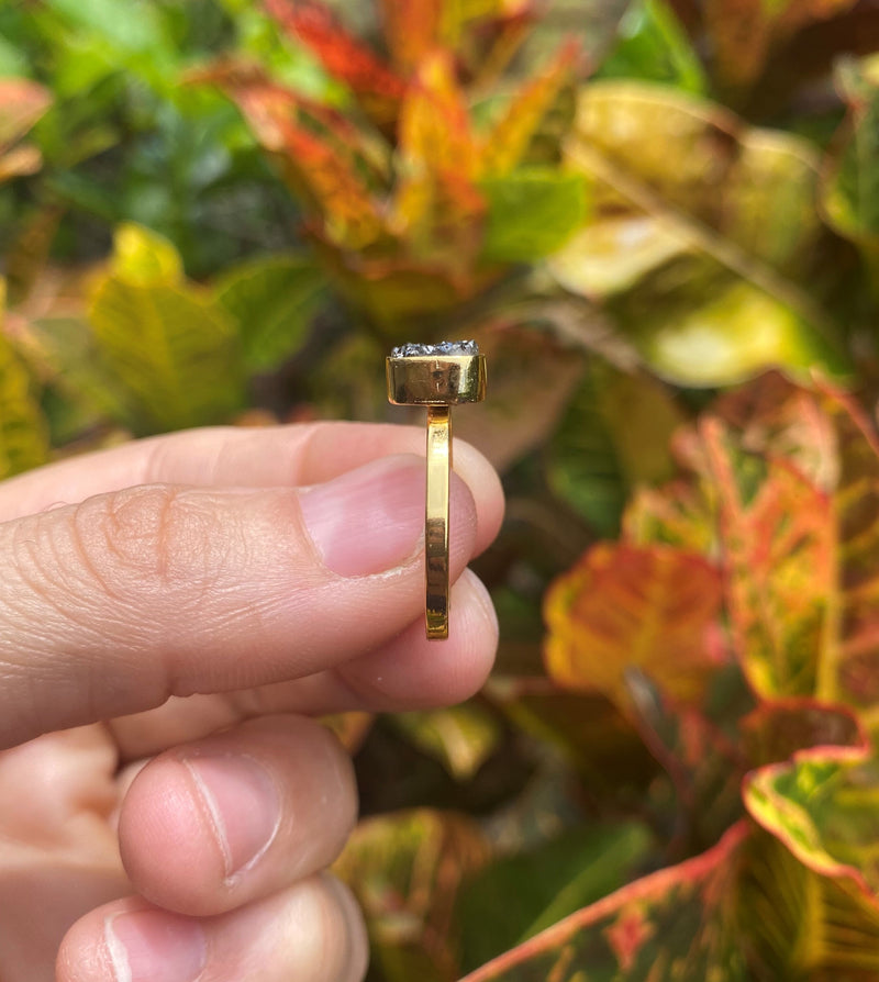 Cushion Cut Natural Metallic Geode Druzy Quartz Gold Plated Adjustable Ring Dainty Modern Gemstone Crystal Jewelry Unique Friend Gift