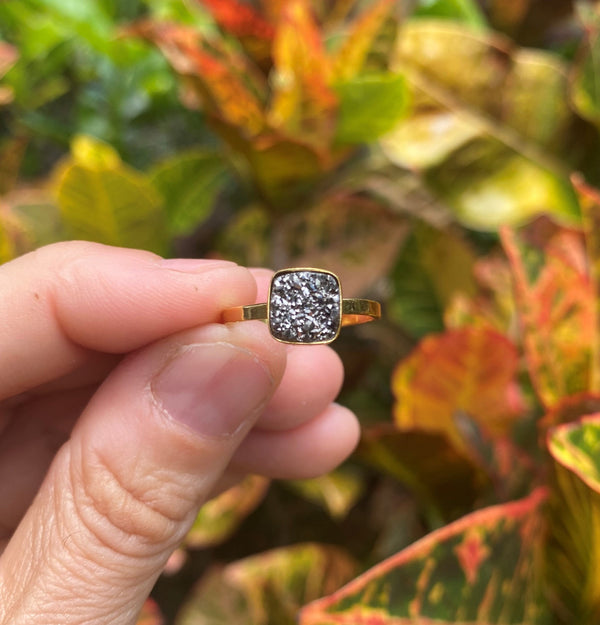 Cushion Cut Natural Metallic Geode Druzy Quartz Gold Plated Adjustable Ring Dainty Modern Gemstone Crystal Jewelry Unique Friend Gift