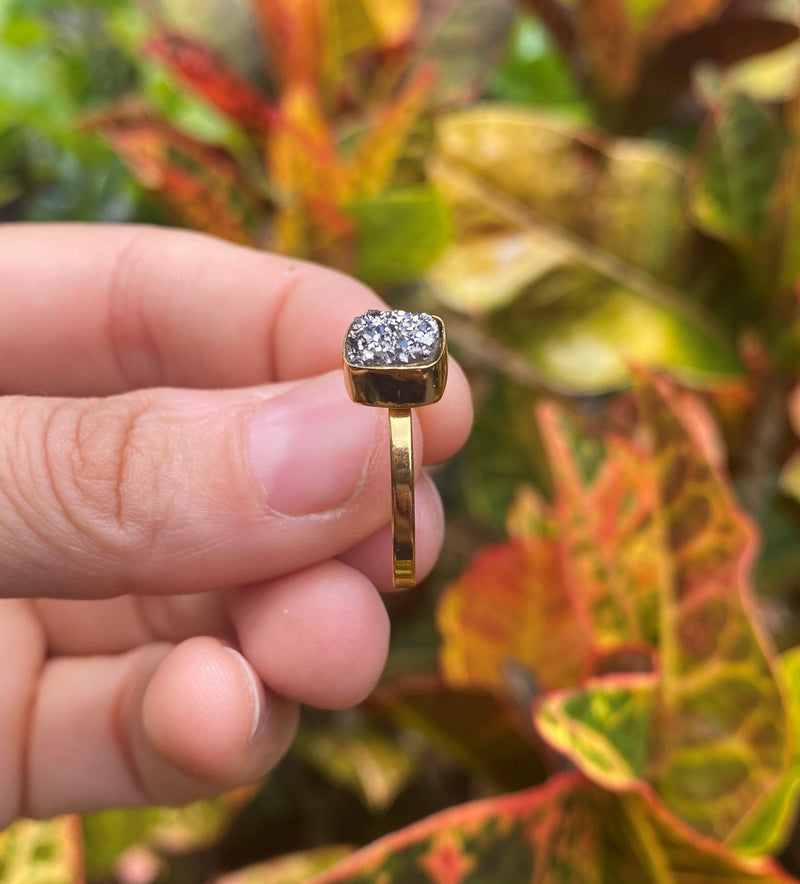 Cushion Cut Natural Metallic Geode Druzy Quartz Gold Plated Adjustable Ring Dainty Modern Gemstone Crystal Jewelry Unique Friend Gift