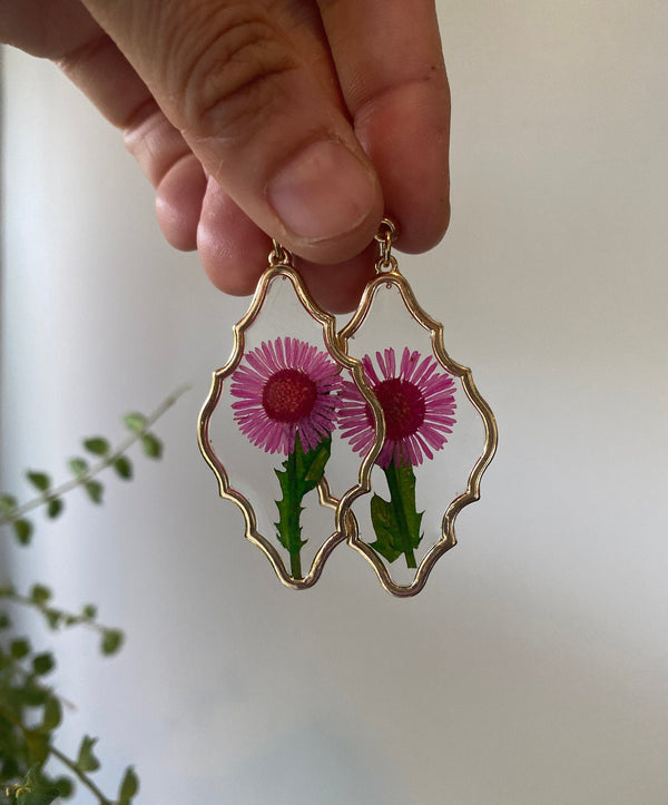 Pressed English Daisy Flower Earrings, Natural Real Dried Flowers Resin Earring, Boho Hippie Unique Stud Dangle Drop Earrings, Birthday Gift