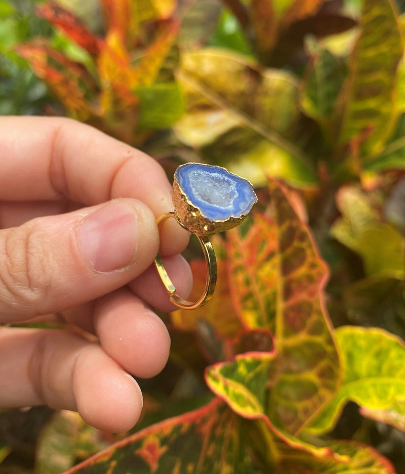 Natural Shape Navy Blue Geode Druzy Quartz Gold Plated Adjustable Ring Dainty Modern Gemstone Crystal Jewelry Unique Friend Gift for Her