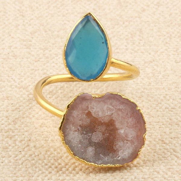 Blue Apatite & Peach Geode Druzy Quartz Gold Plated Adjustable Double Stack Ring, Polished gemstone, Unique Modern Crystal Gift for Her