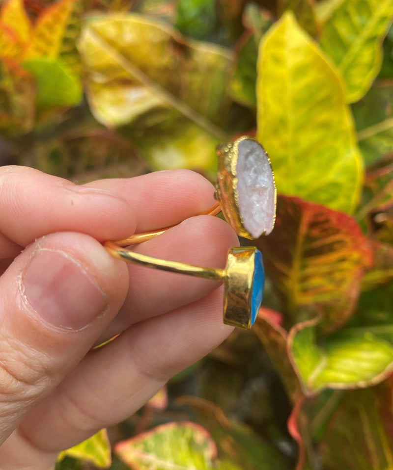 Blue Apatite & Peach Geode Druzy Quartz Gold Plated Adjustable Double Stack Ring, Polished gemstone, Unique Modern Crystal Gift for Her