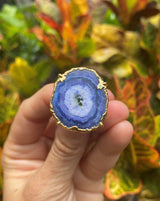 Natural Shape Purple Violet Navy Geode Druzy Quartz Gold Plated Adjustable Ring Dainty Modern Gemstone Crystal Jewelry Unique Friend Gift