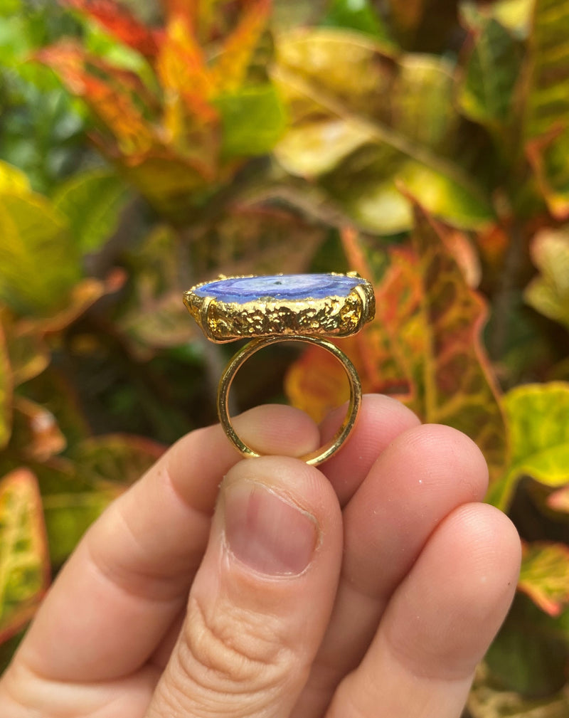 Natural Shape Purple Violet Navy Geode Druzy Quartz Gold Plated Adjustable Ring Dainty Modern Gemstone Crystal Jewelry Unique Friend Gift