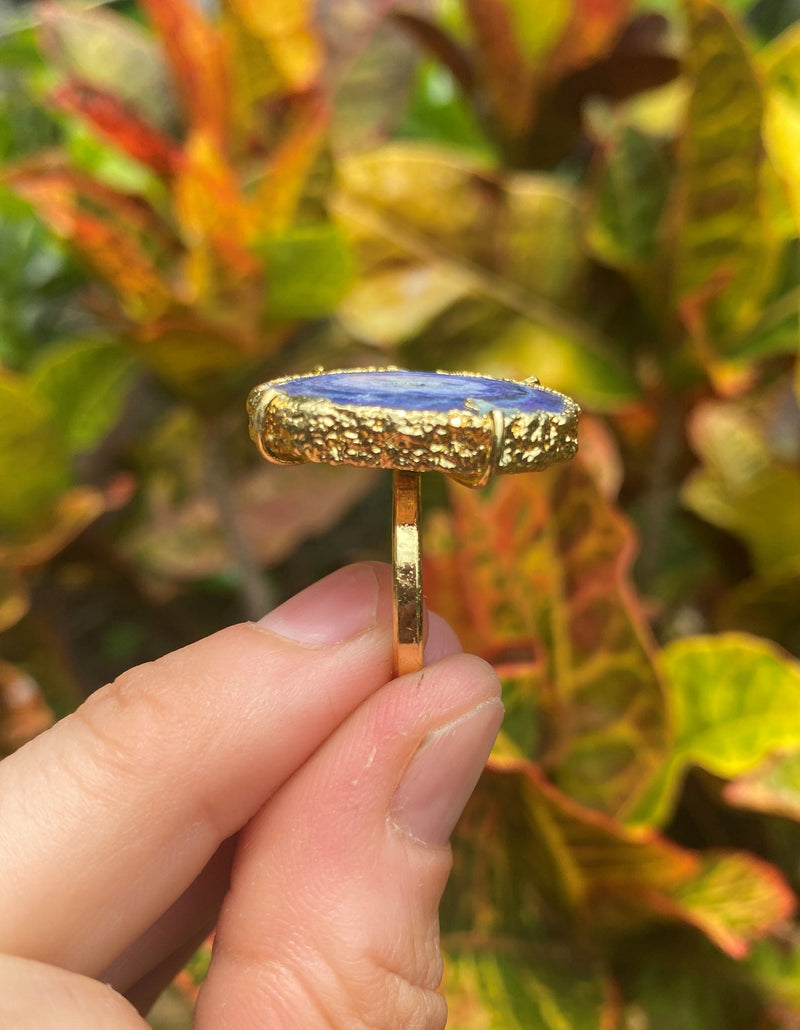 Natural Shape Purple Violet Navy Geode Druzy Quartz Gold Plated Adjustable Ring Dainty Modern Gemstone Crystal Jewelry Unique Friend Gift