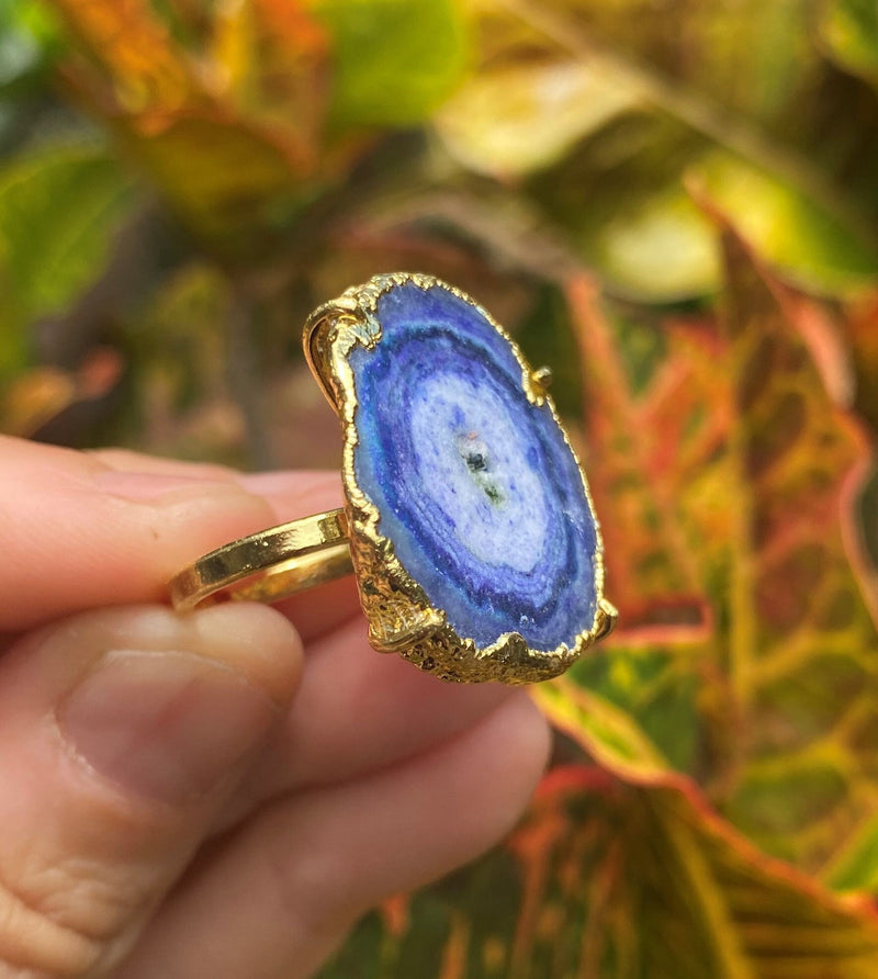 Natural Shape Purple Violet Navy Geode Druzy Quartz Gold Plated Adjustable Ring Dainty Modern Gemstone Crystal Jewelry Unique Friend Gift