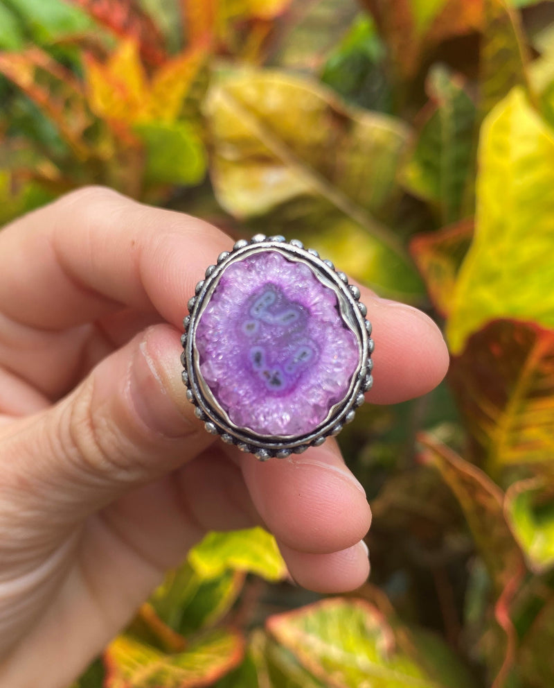 Size 7 Purple Violet Geode Druzy Quartz Vintage Silver Ring, Natural Shape Dainty Modern Gemstone Crystal Jewelry Unique Friend Gift