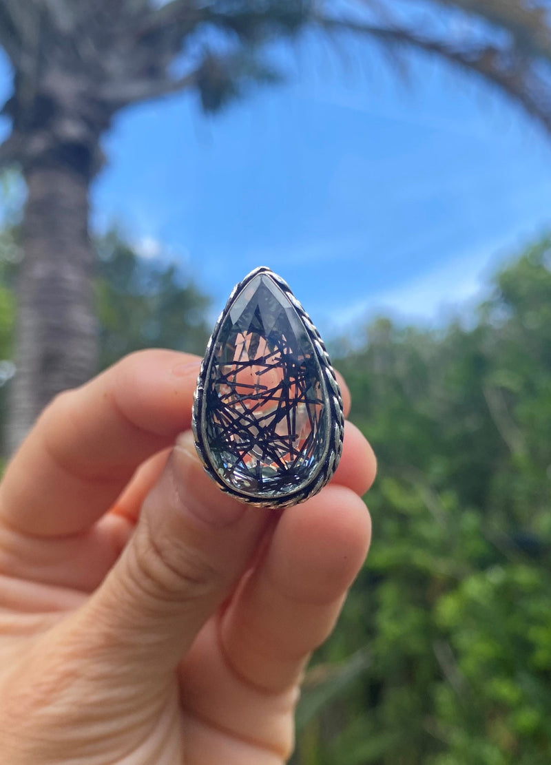Size 7 Elegant Teardrop Rutile Quartz Vintage Sterling Silver Ring Dainty Modern Antique Rutilated Clear Crystal Jewelry Unique Friend Gift