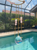 Large Rose Quartz Pink Bead Suncatcher Gold Modern Crescent Moon AB Crystal Prism Ball Celestial Hanging Zen Decor Good Luck Gift