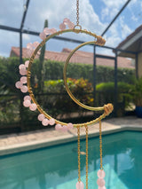 Large Rose Quartz Pink Bead Suncatcher Gold Modern Crescent Moon AB Crystal Prism Ball Celestial Hanging Zen Decor Good Luck Gift