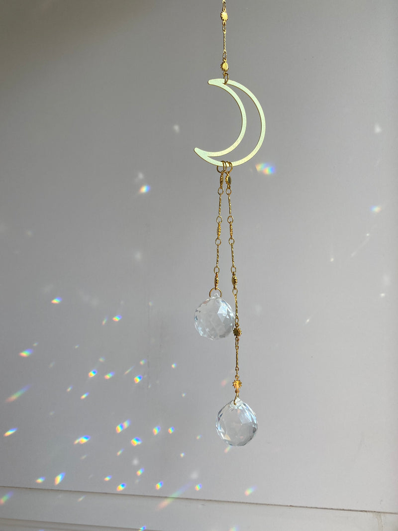 Crystal Crescent Moon Stars Gold Geometric Modern Suncatcher Rainbow Maker Wall Hanging Zen Celestial Good Luck Decor Gift for Her