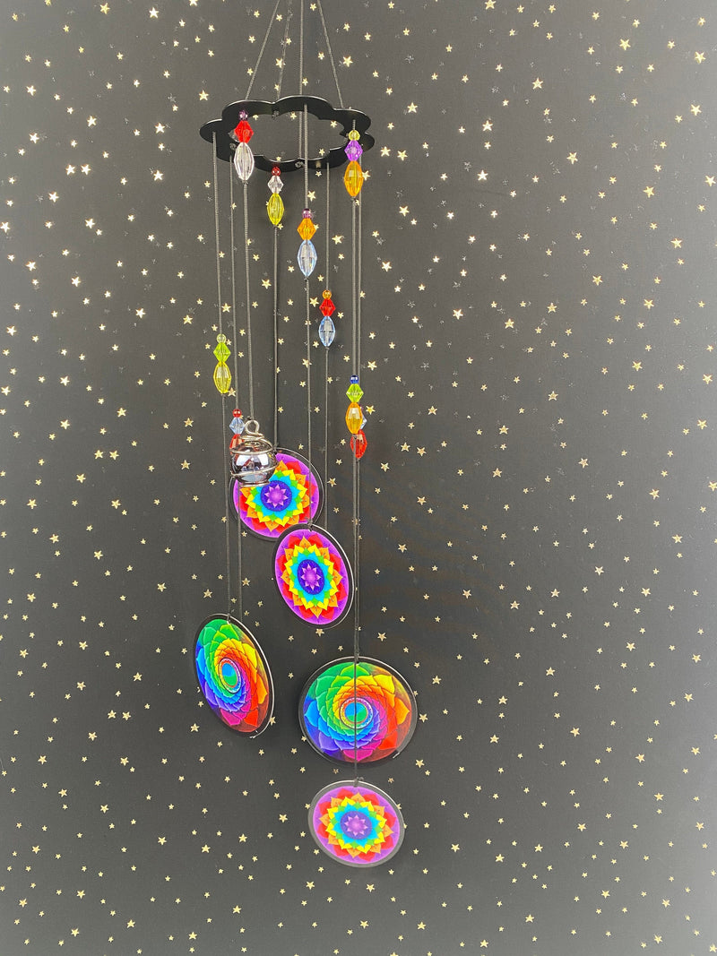Hippie Tie Dye Flower of Life Metal Wind Chime Crystal Chakra Large Fengshui Suncatcher Rainbow Maker Garden Memorial Sympathy Gift
