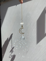 Clear Quartz Swarovski Crystal Crescent Moon Star Gold Geometric Modern Suncatcher Rainbow Maker Light Catcher Hanging Good Luck for Her