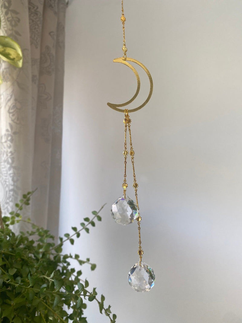 Crystal Crescent Moon Stars Gold Geometric Modern Suncatcher Rainbow Maker Wall Hanging Zen Celestial Good Luck Decor Gift for Her