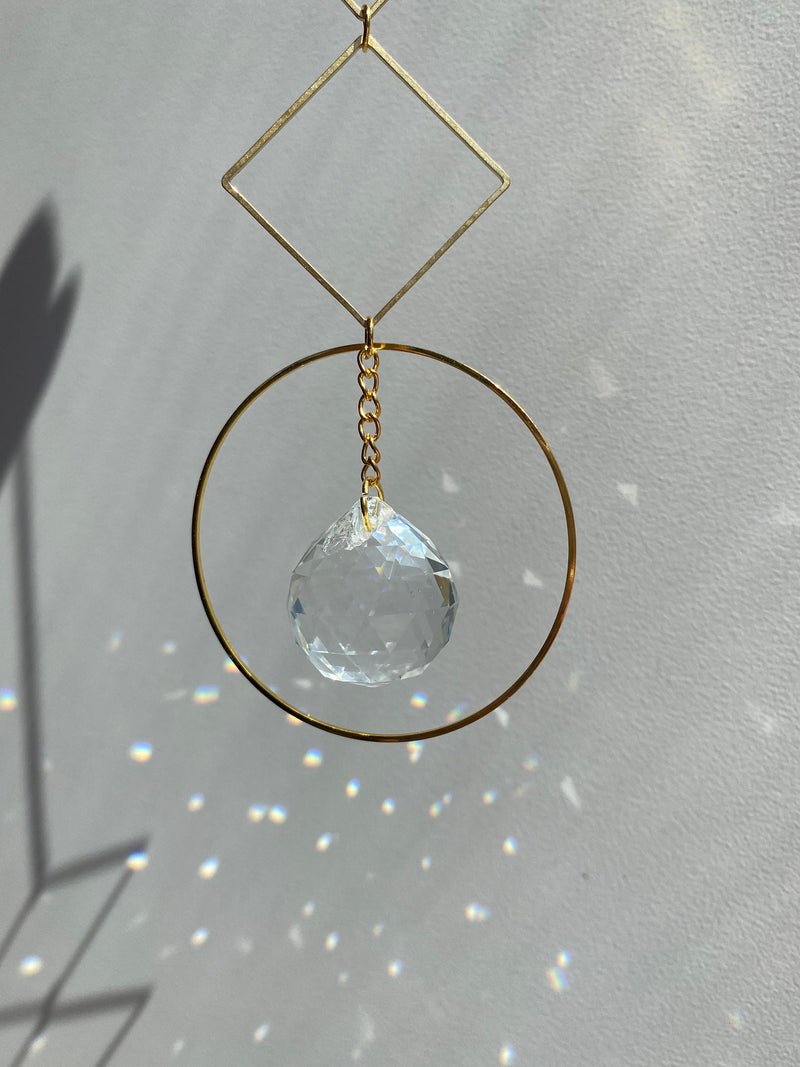 Gold Circle Diamond Geometric Suncatcher Clear Crystal Prism Ball Modern Hoop Rainbow Maker Light Catcher Hanging Good Luck Gift