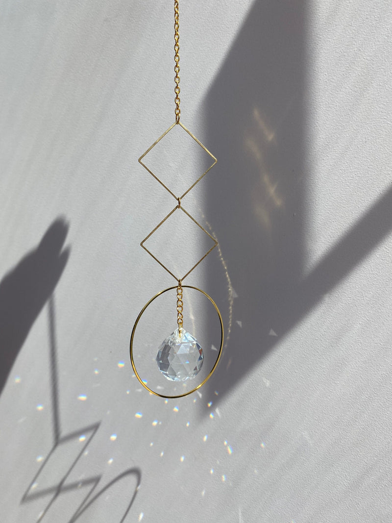 Gold Circle Diamond Geometric Suncatcher Clear Crystal Prism Ball Modern Hoop Rainbow Maker Light Catcher Hanging Good Luck Gift