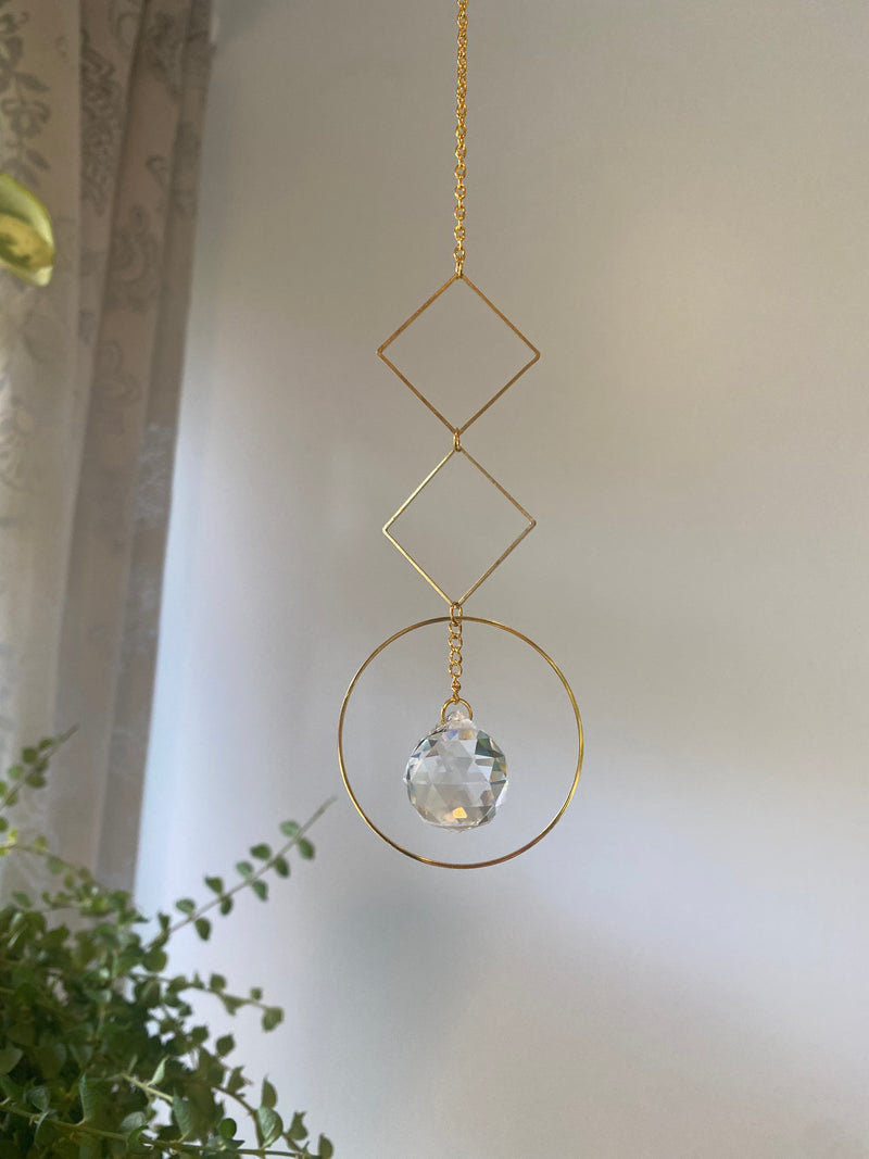 Gold Circle Diamond Geometric Suncatcher Clear Crystal Prism Ball Modern Hoop Rainbow Maker Light Catcher Hanging Good Luck Gift